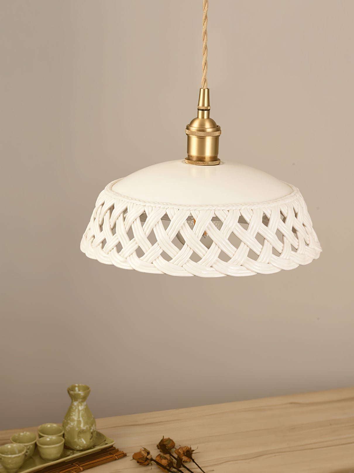 Modern Hand Carved White Ceramic Pendant Lamp with Adjustable Hanging Cord and Brass Finish