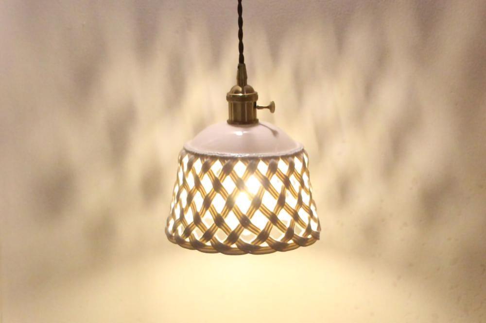 Modern Hand Carved White Ceramic Pendant Lamp with Adjustable Hanging Cord and Brass Finish