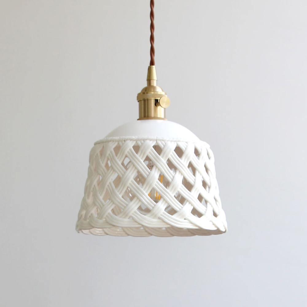 Modern Hand Carved White Ceramic Pendant Lamp with Adjustable Hanging Cord and Brass Finish