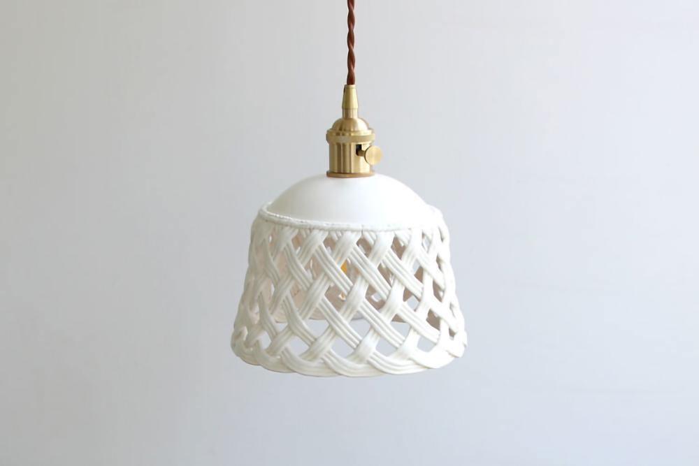 Modern Hand Carved White Ceramic Pendant Lamp with Adjustable Hanging Cord and Brass Finish