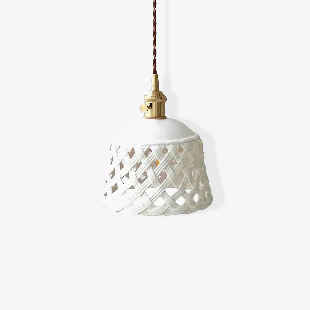 Modern Hand Carved White Ceramic Pendant Lamp with Adjustable Hanging Cord and Brass Finish