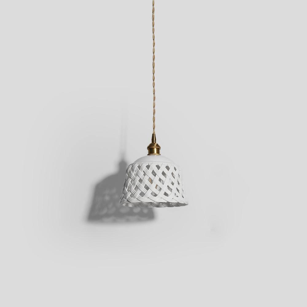 Modern Hand Carved White Ceramic Pendant Lamp with Adjustable Hanging Cord and Brass Finish