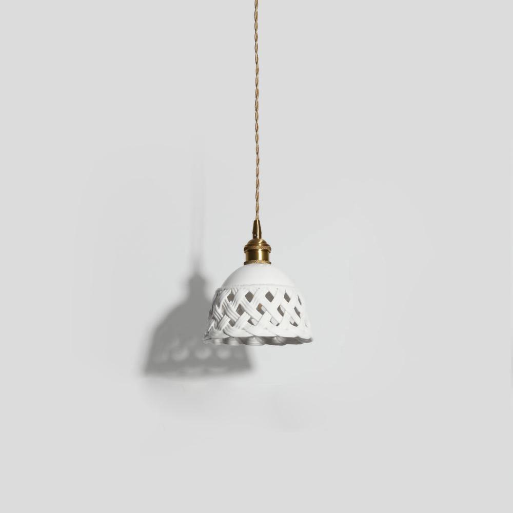 Modern Hand Carved White Ceramic Pendant Lamp with Adjustable Hanging Cord and Brass Finish
