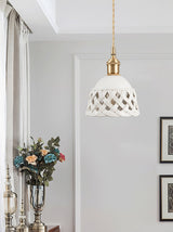 Modern Hand Carved White Ceramic Pendant Lamp with Adjustable Hanging Cord and Brass Finish
