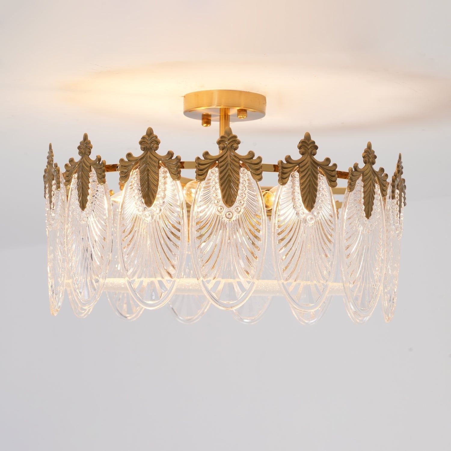 Modern Hand Formed Pattern Glass Petal Chandelier with Copper Finish for Living and Dining Rooms