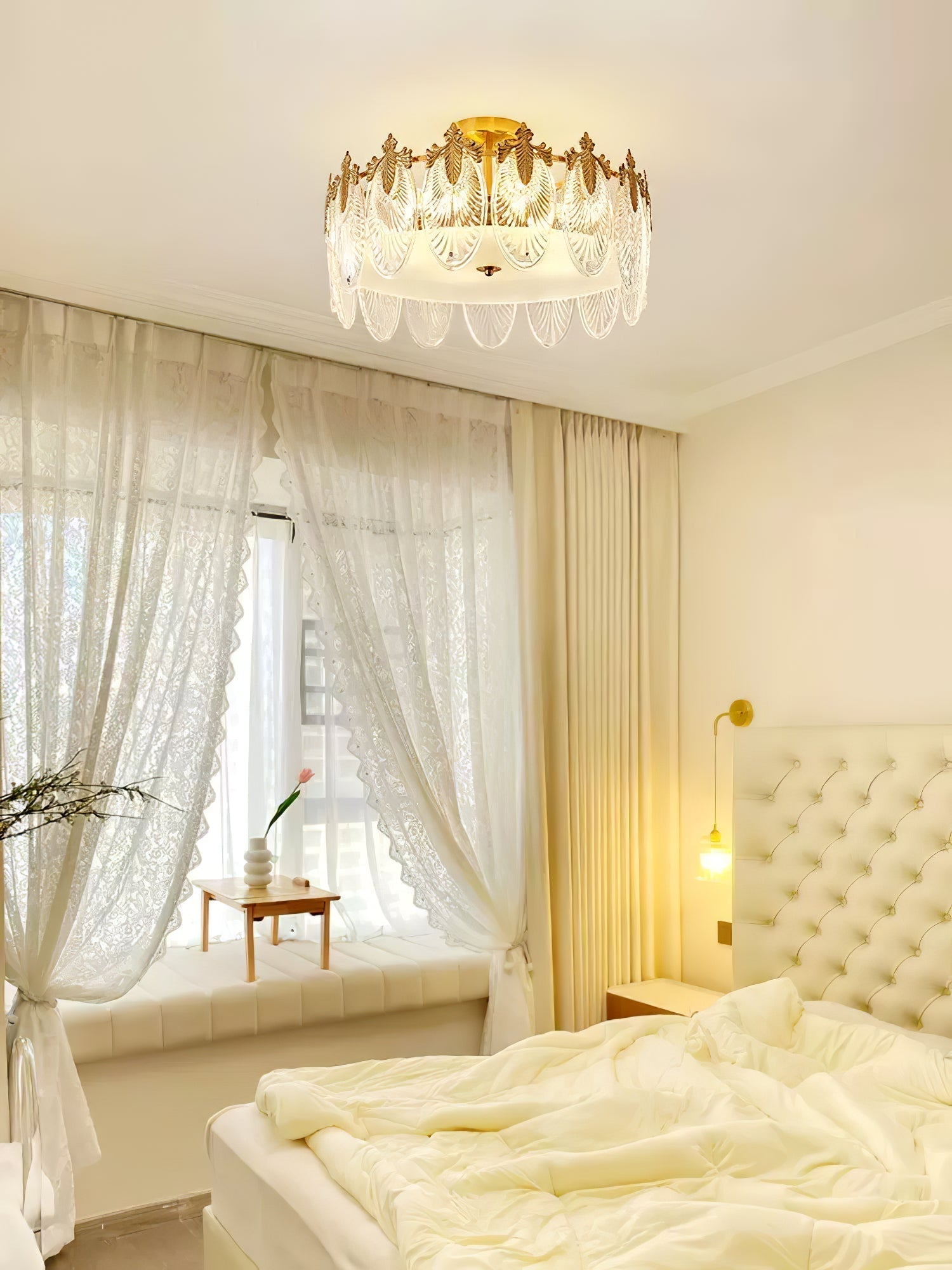 Modern Hand Formed Pattern Glass Petal Chandelier with Copper Finish for Living and Dining Rooms