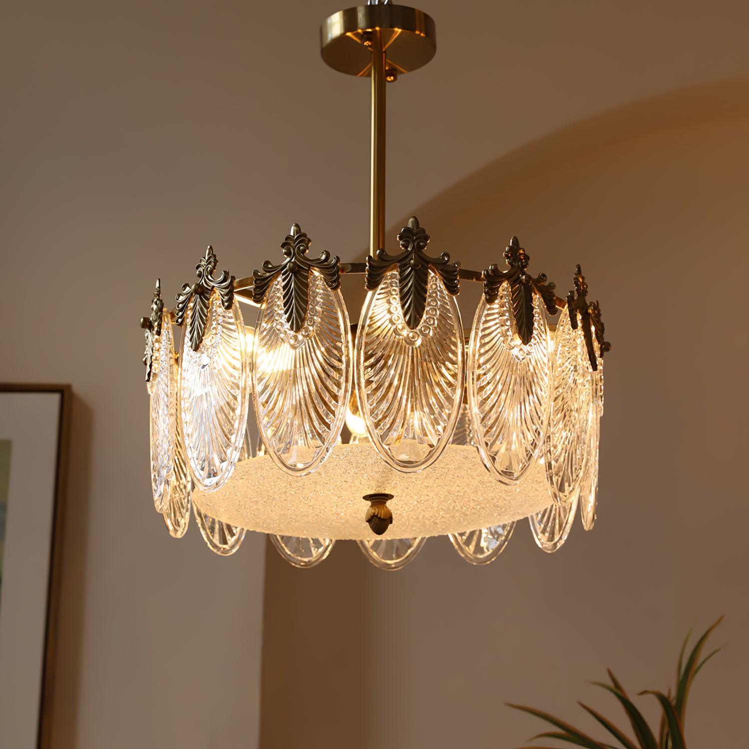 Modern Hand Formed Pattern Glass Petal Chandelier with Copper Finish for Living and Dining Rooms