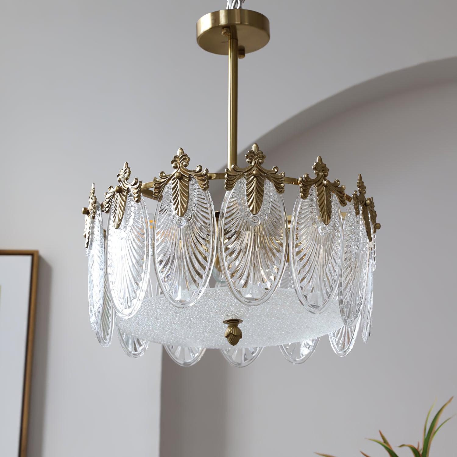 Modern Hand Formed Pattern Glass Petal Chandelier with Copper Finish for Living and Dining Rooms