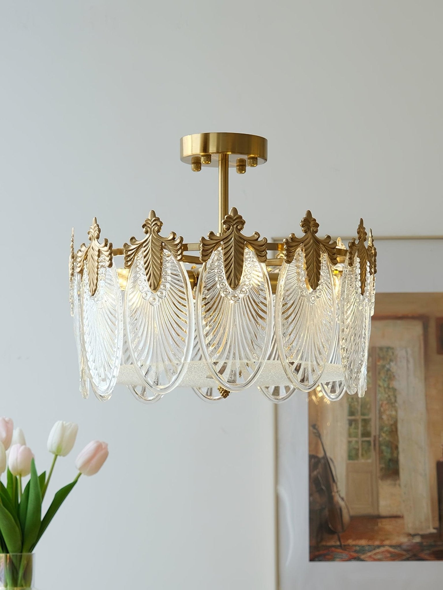 Modern Hand Formed Pattern Glass Petal Chandelier with Copper Finish for Living and Dining Rooms