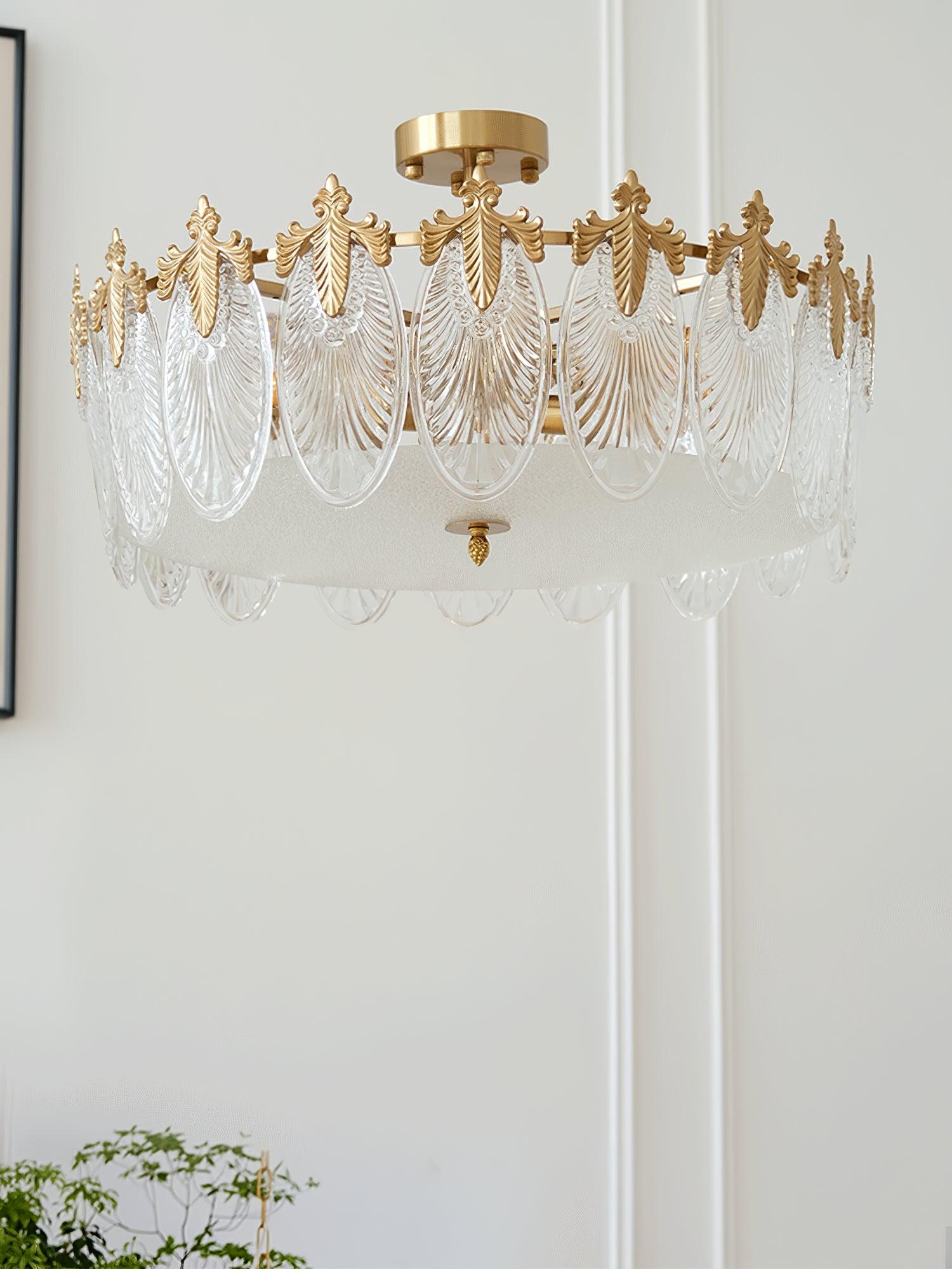 Modern Hand Formed Pattern Glass Petal Chandelier with Copper Finish for Living and Dining Rooms