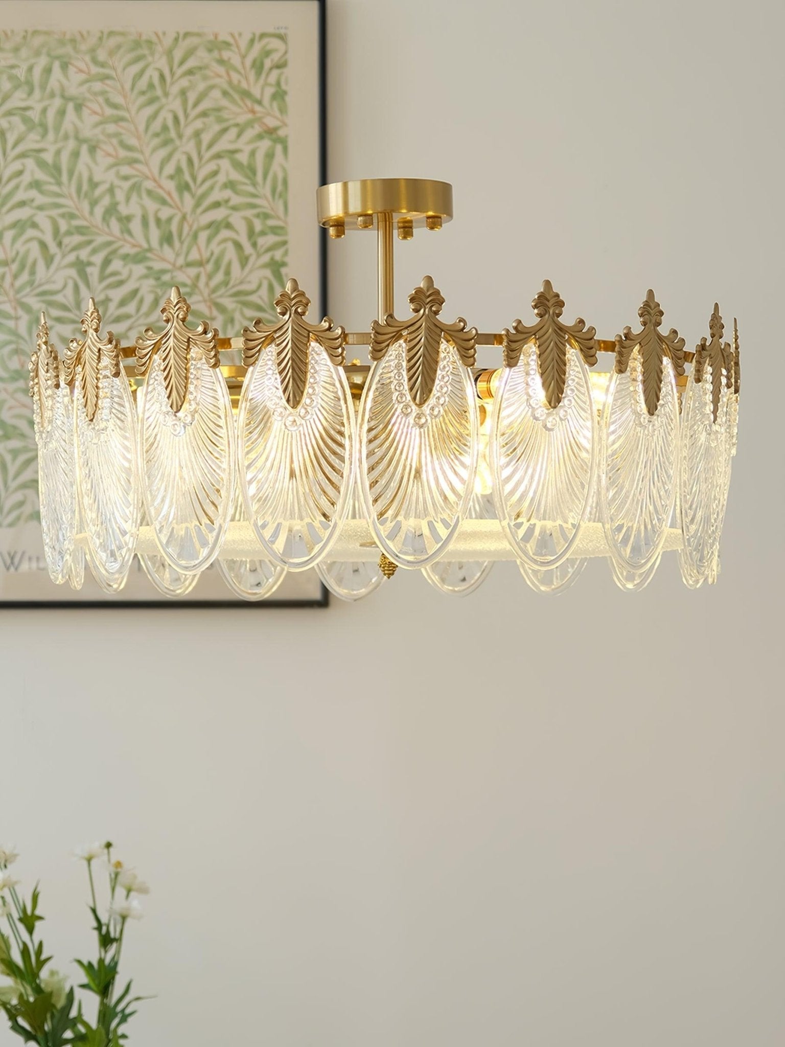 Modern Hand Formed Pattern Glass Petal Chandelier with Copper Finish for Living and Dining Rooms