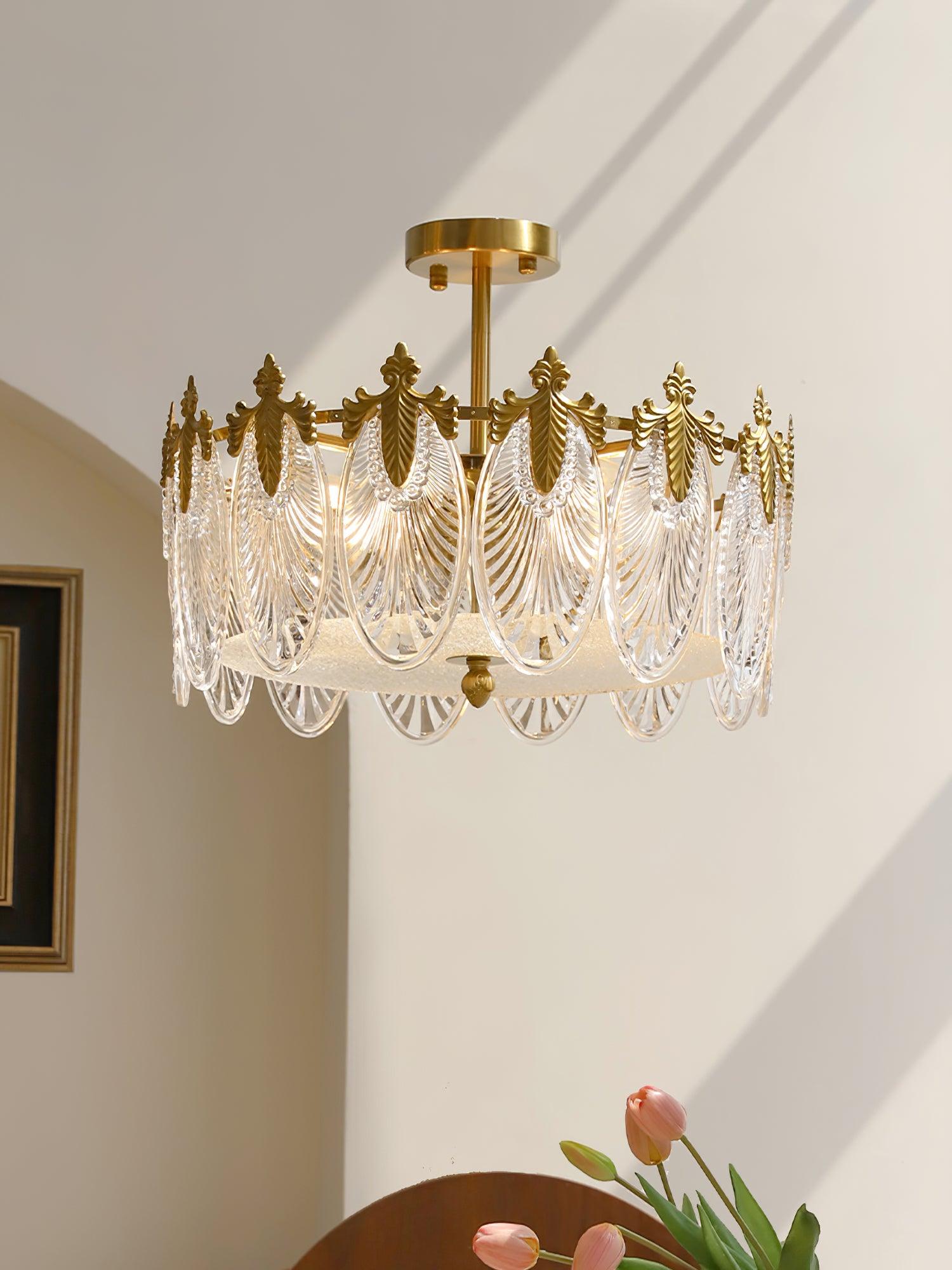 Modern Hand Formed Pattern Glass Petal Chandelier with Copper Finish for Living and Dining Rooms