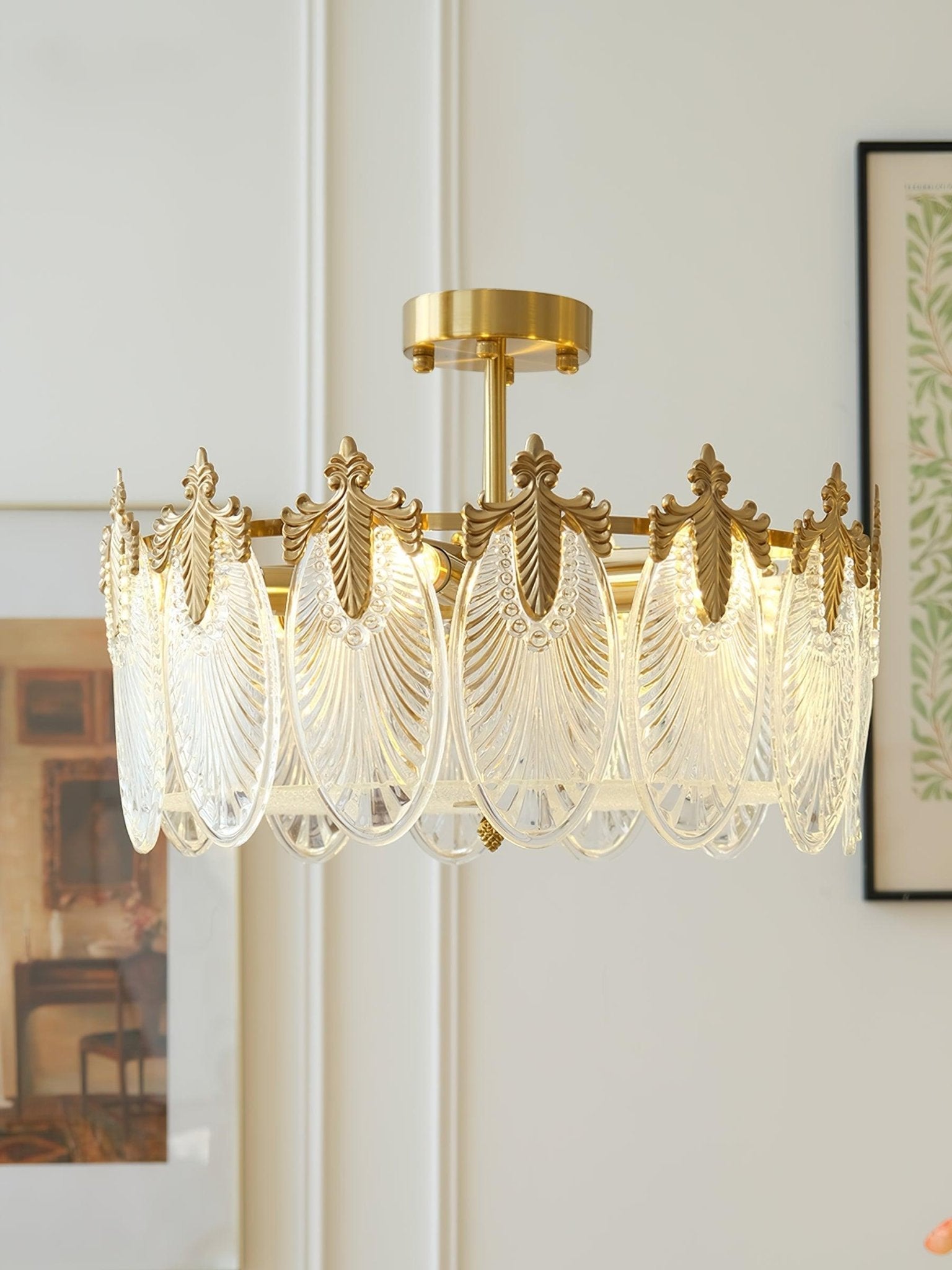 Modern Hand Formed Pattern Glass Petal Chandelier with Copper Finish for Living and Dining Rooms