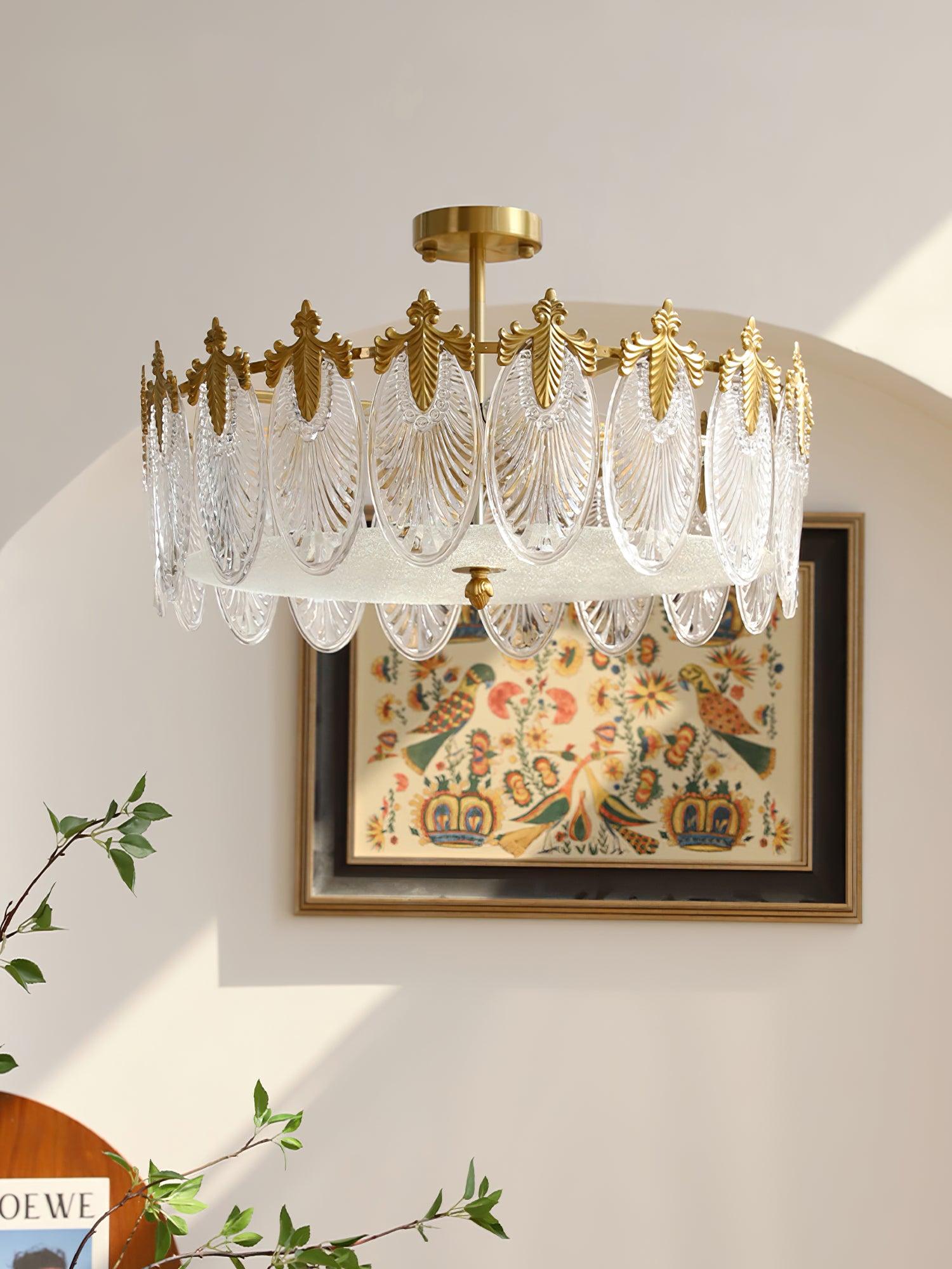 Modern Hand Formed Pattern Glass Petal Chandelier with Copper Finish for Living and Dining Rooms