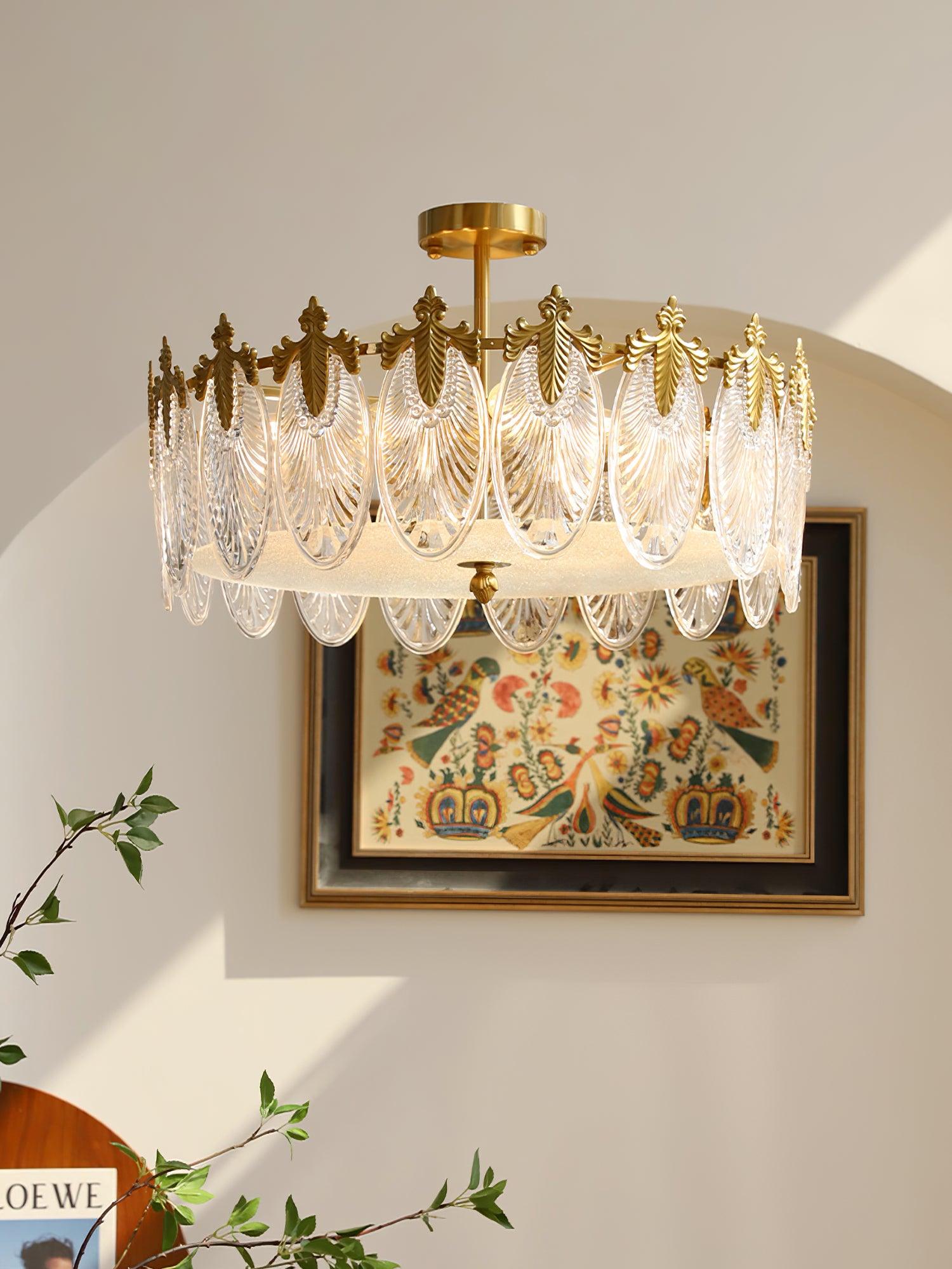Modern Hand Formed Pattern Glass Petal Chandelier with Copper Finish for Living and Dining Rooms