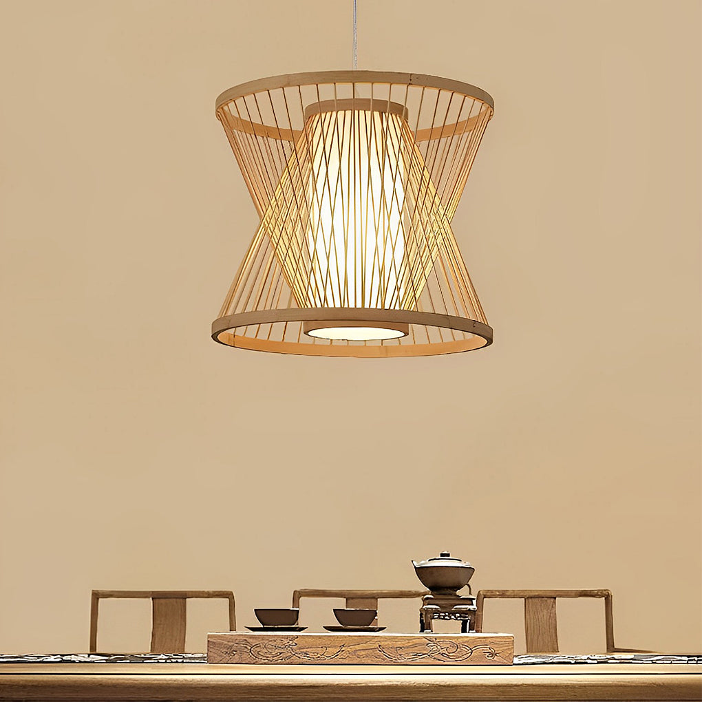 Modern Hand Woven Bamboo Pendant Light Natural Burlywood Wood Ceiling Fixture