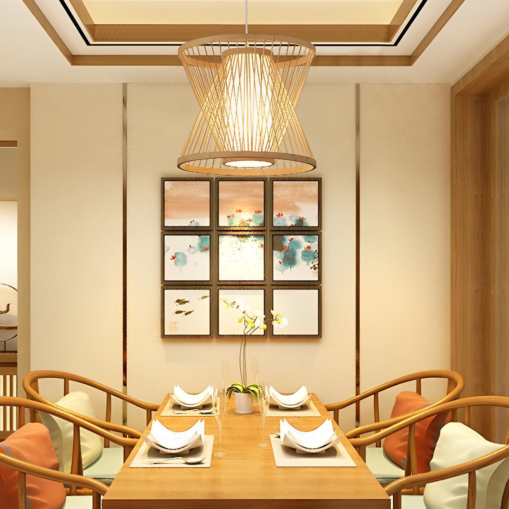 Modern Hand Woven Bamboo Pendant Light Natural Burlywood Wood Ceiling Fixture