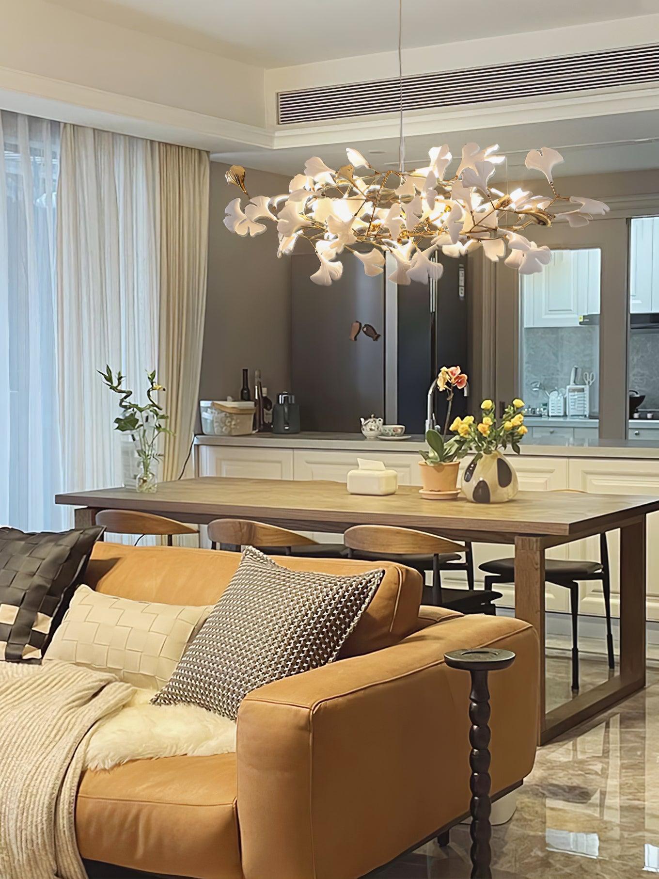 Modern Handcrafted Ceramic Ginkgo Leaf Chandelier Metal Pendant Lighting Fixture