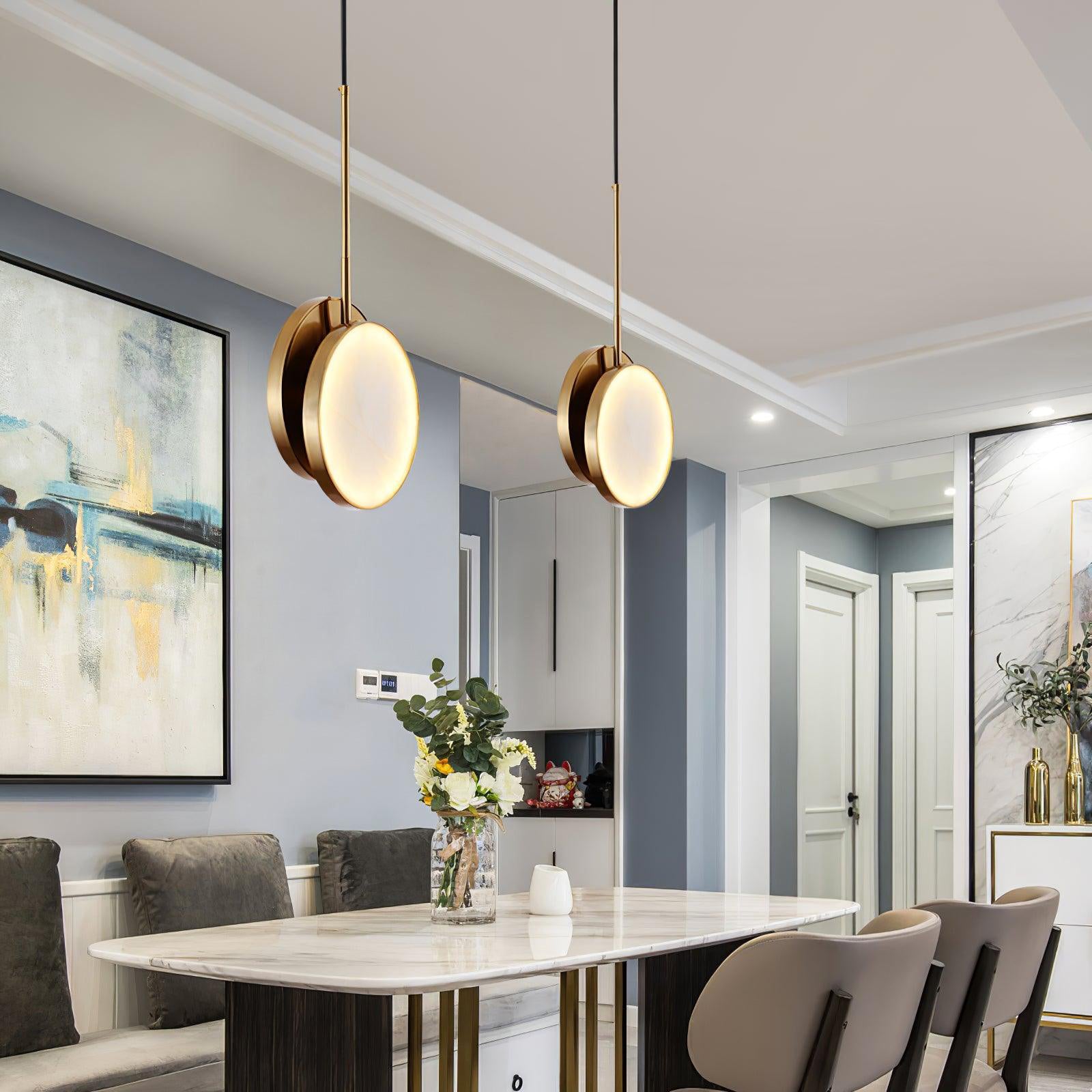 Modern Handcrafted Natural Alabaster and Brass LED Pendant Light Moonshade Droplight