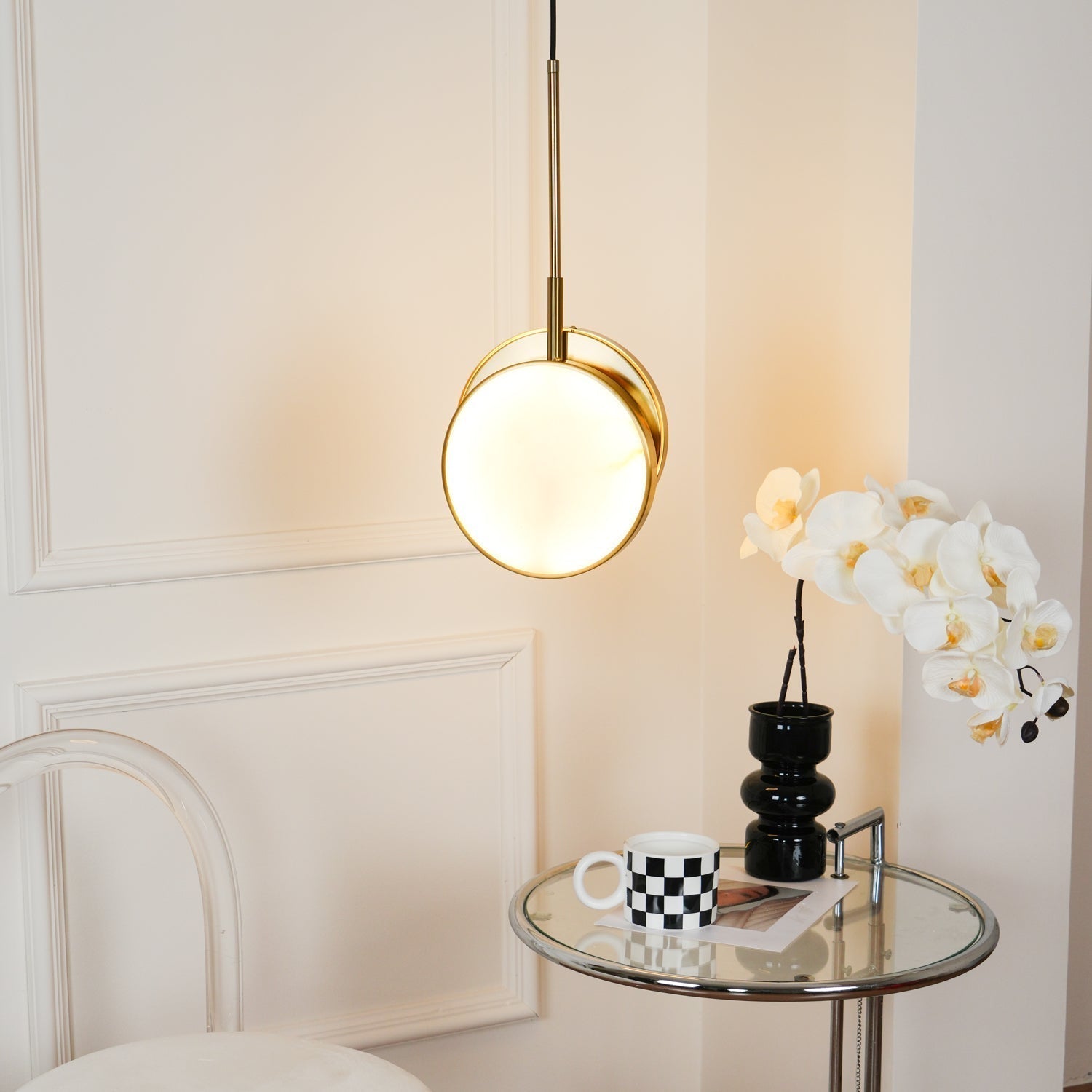 Modern Handcrafted Natural Alabaster and Brass LED Pendant Light Moonshade Droplight
