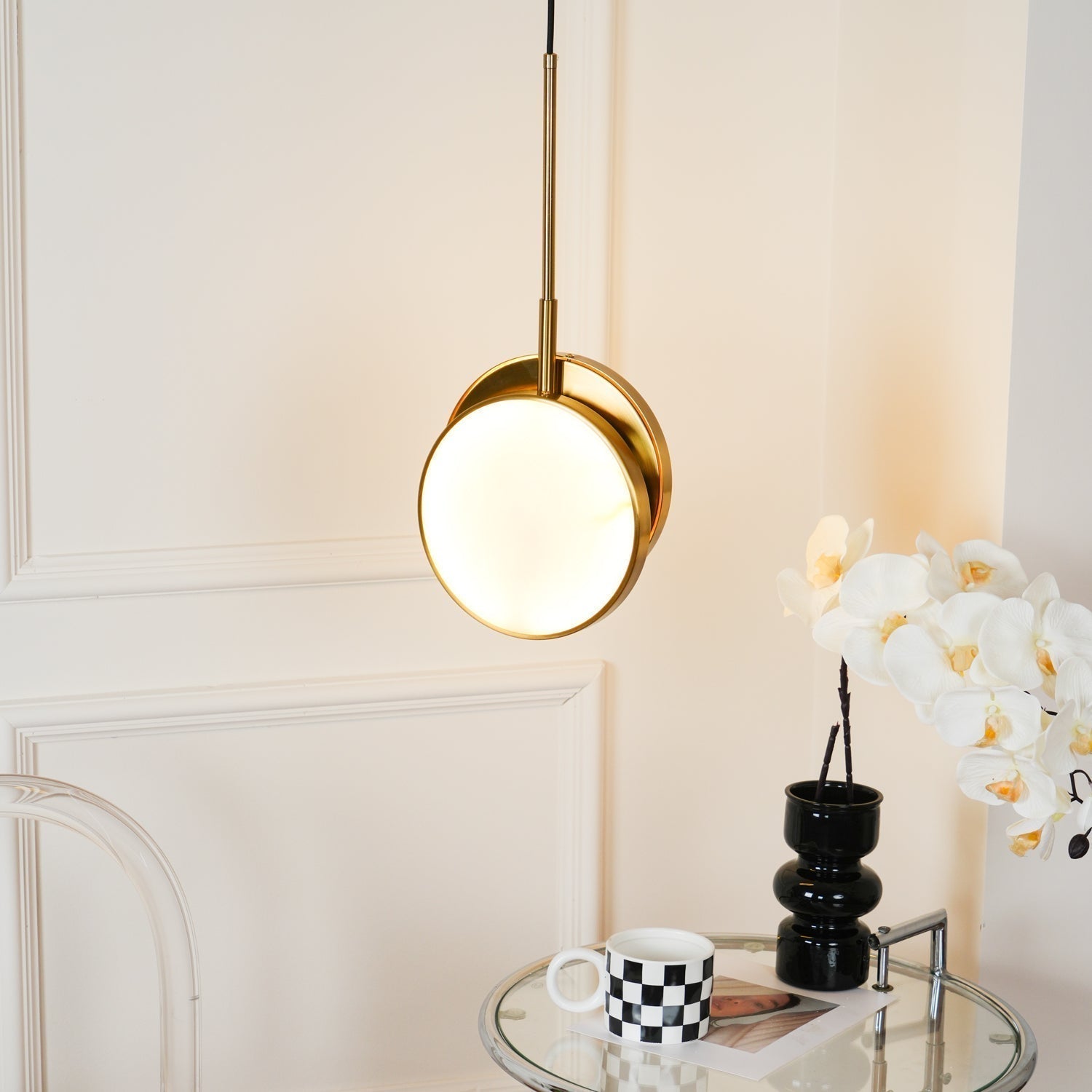 Modern Handcrafted Natural Alabaster and Brass LED Pendant Light Moonshade Droplight