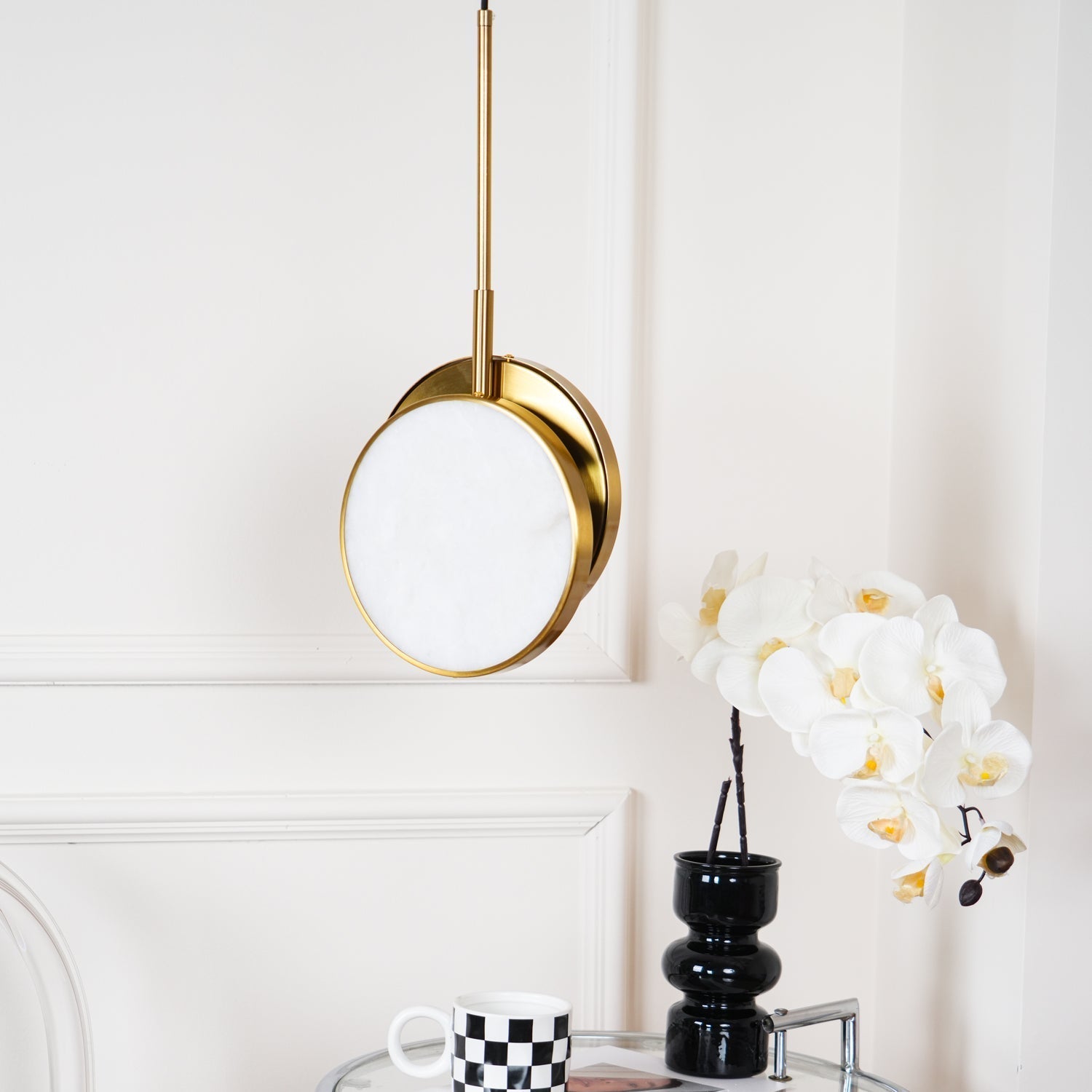 Modern Handcrafted Natural Alabaster and Brass LED Pendant Light Moonshade Droplight