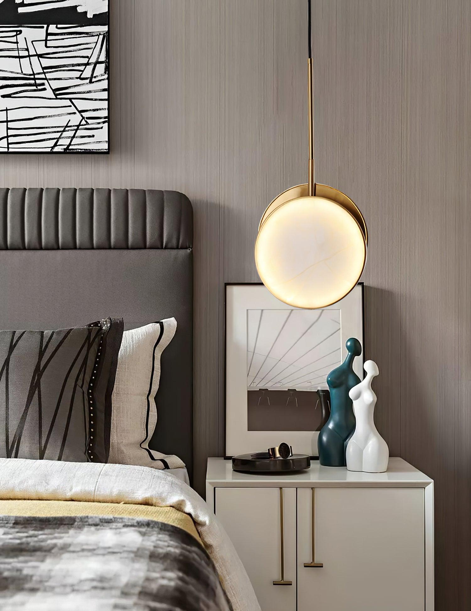 Modern Handcrafted Natural Alabaster and Brass LED Pendant Light Moonshade Droplight