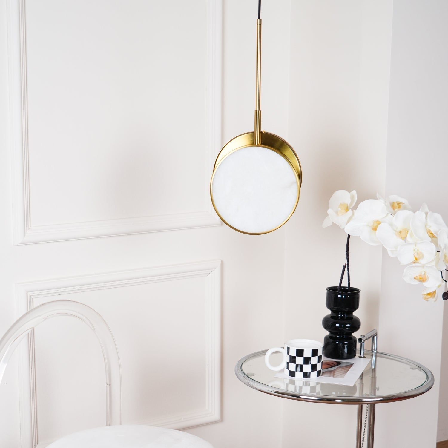Modern Handcrafted Natural Alabaster and Brass LED Pendant Light Moonshade Droplight
