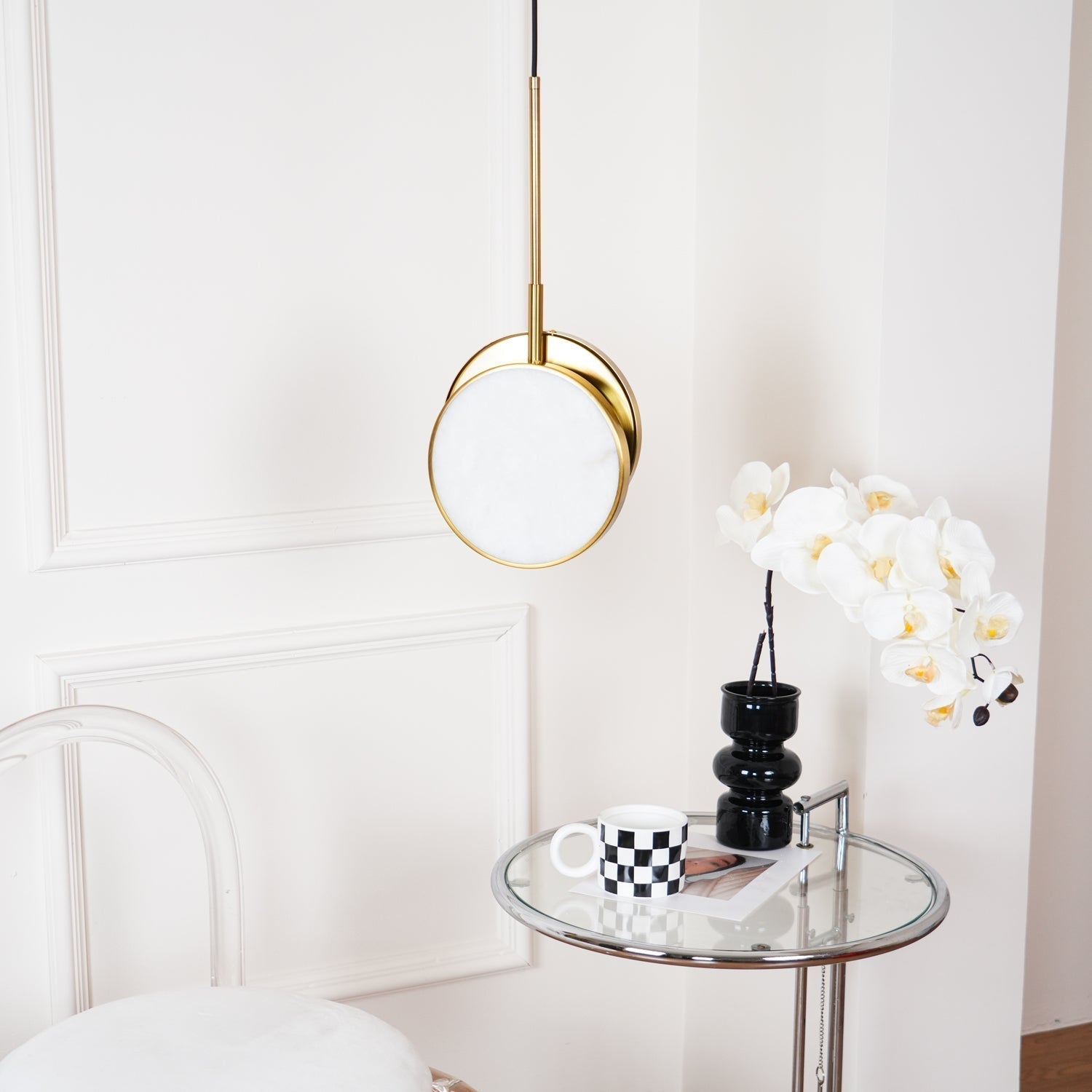 Modern Handcrafted Natural Alabaster and Brass LED Pendant Light Moonshade Droplight