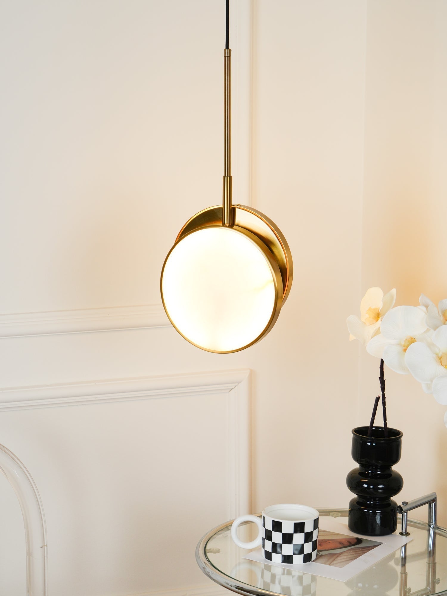 Modern Handcrafted Natural Alabaster and Brass LED Pendant Light Moonshade Droplight
