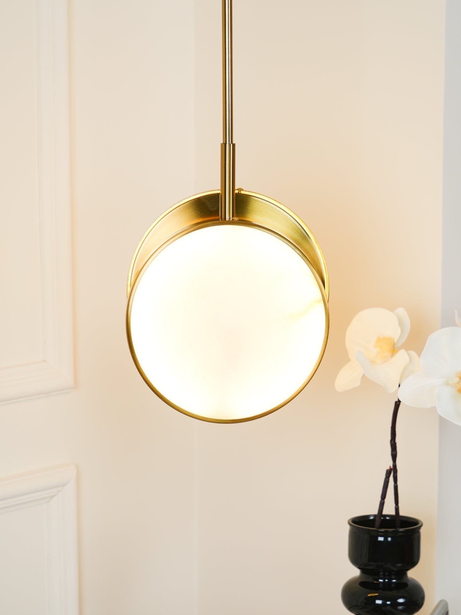 Modern Handcrafted Natural Alabaster and Brass LED Pendant Light Moonshade Droplight