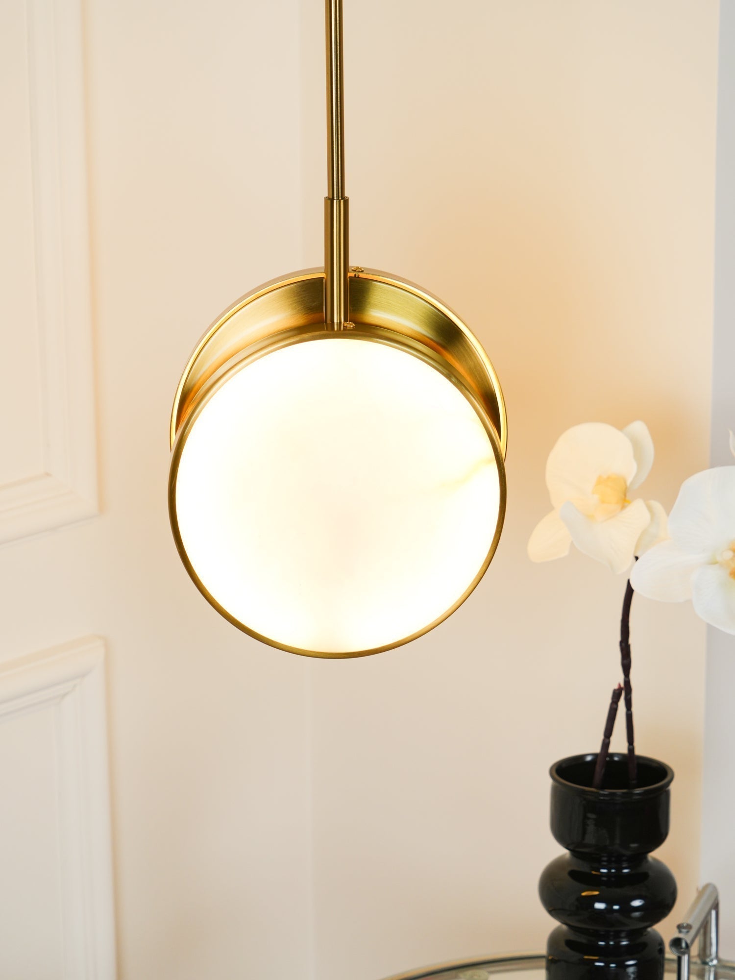 Modern Handcrafted Natural Alabaster and Brass LED Pendant Light Moonshade Droplight