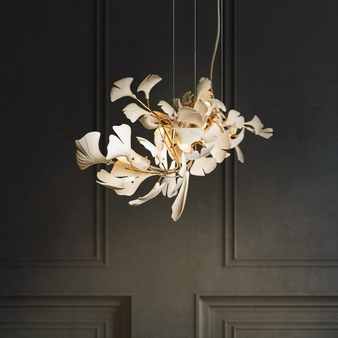 Modern Handcrafted Porcelain Ginkgo Leaf Chandelier Brass Branch Pendant Lighting