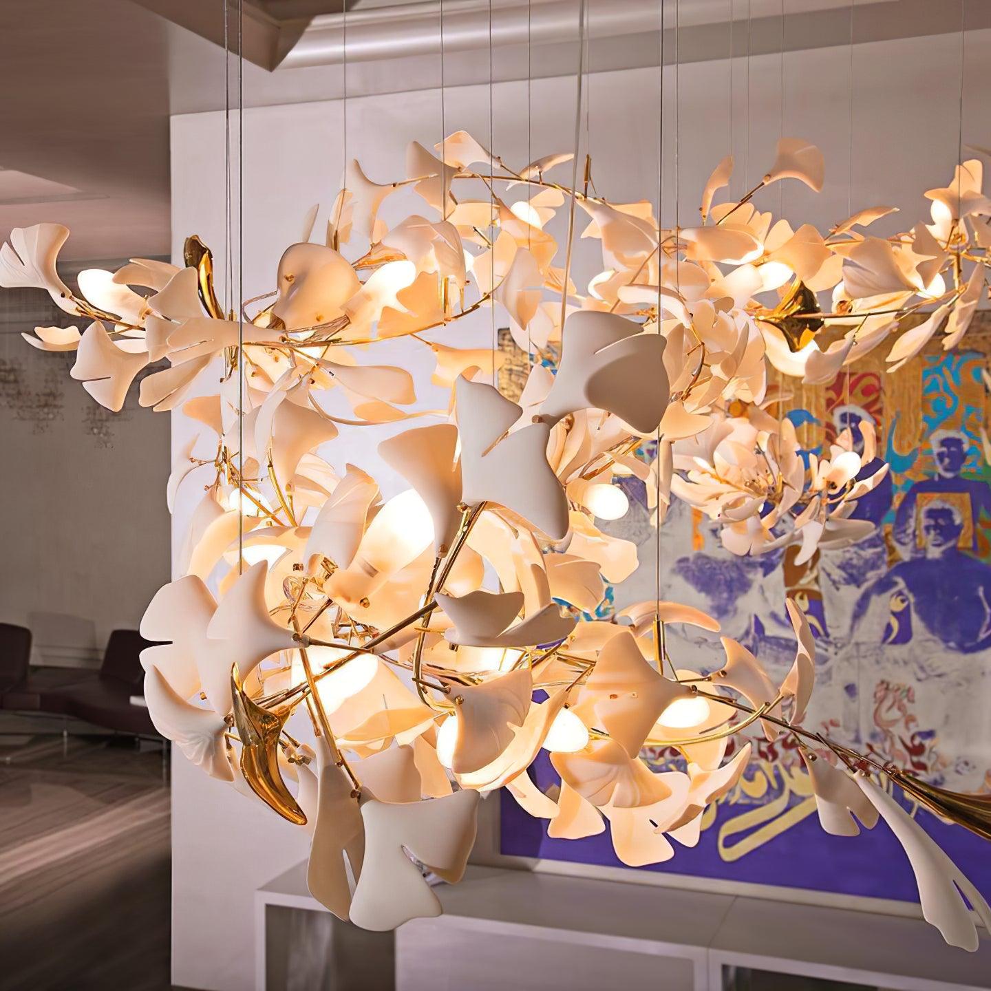 Modern Handcrafted Porcelain Ginkgo Leaf Chandelier Brass Branch Pendant Lighting