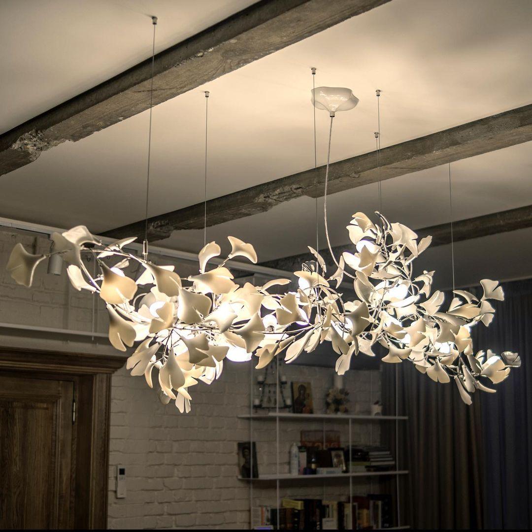 Modern Handcrafted Porcelain Ginkgo Leaf Chandelier Brass Branch Pendant Lighting