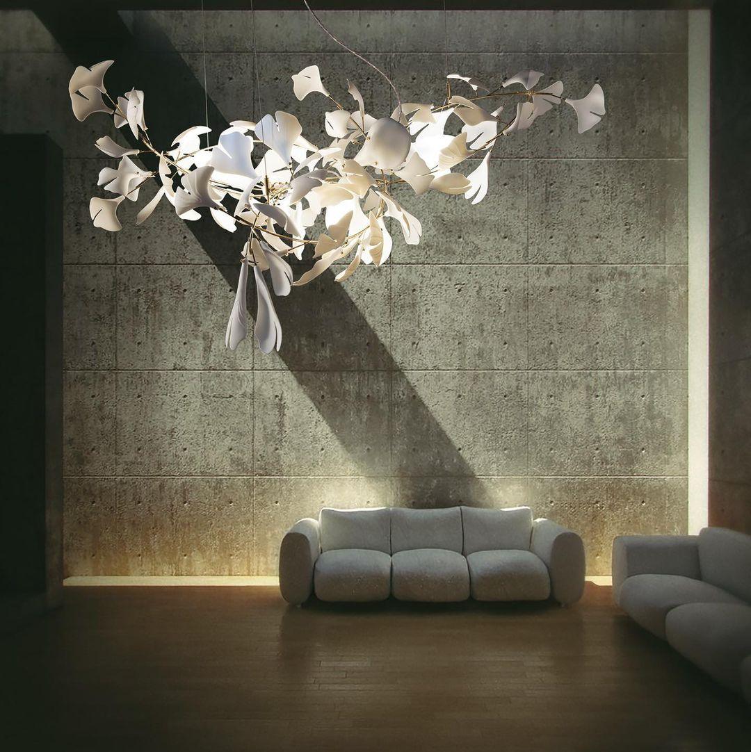 Modern Handcrafted Porcelain Ginkgo Leaf Chandelier Brass Branch Pendant Lighting