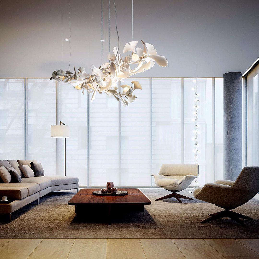 Modern Handcrafted Porcelain Ginkgo Leaf Chandelier Brass Branch Pendant Lighting