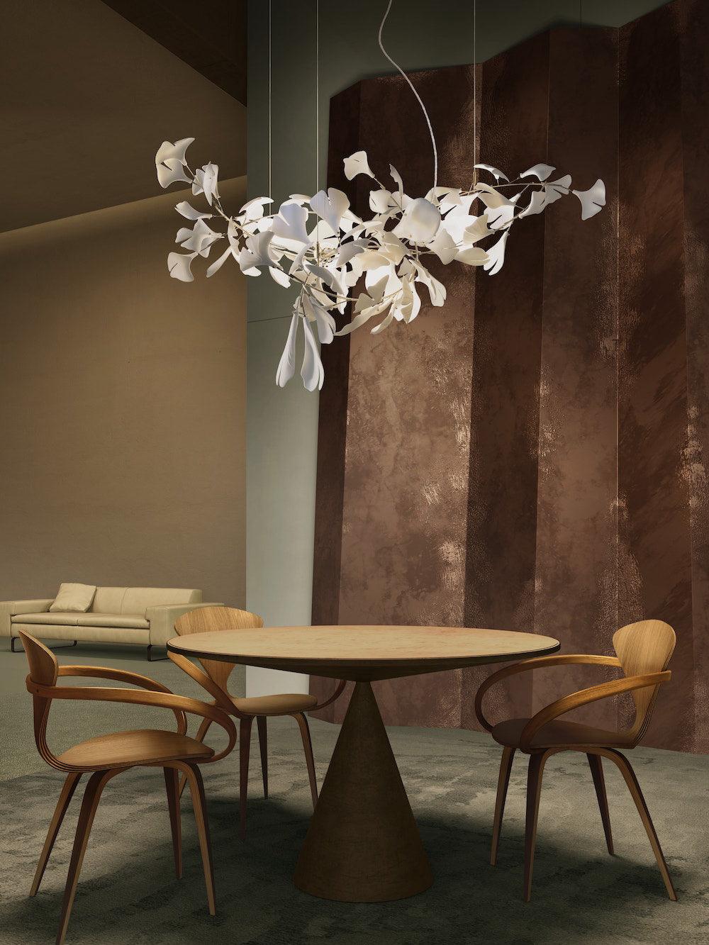 Modern Handcrafted Porcelain Ginkgo Leaf Chandelier Brass Branch Pendant Lighting