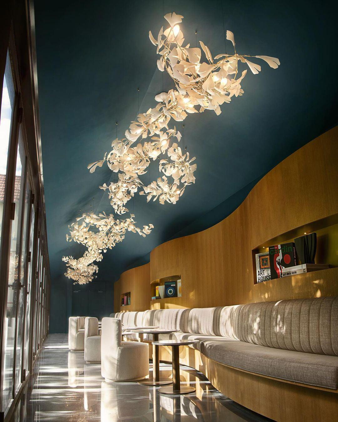 Modern Handcrafted Porcelain Ginkgo Leaf Chandelier Brass Branch Pendant Lighting