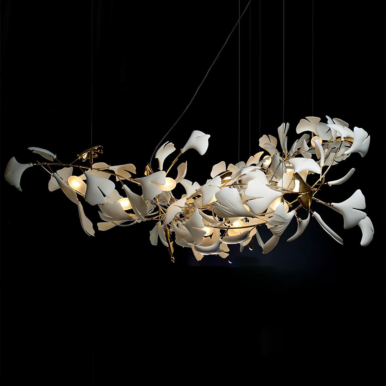 Modern Handcrafted Porcelain Ginkgo Leaf Chandelier Brass Branch Pendant Lighting