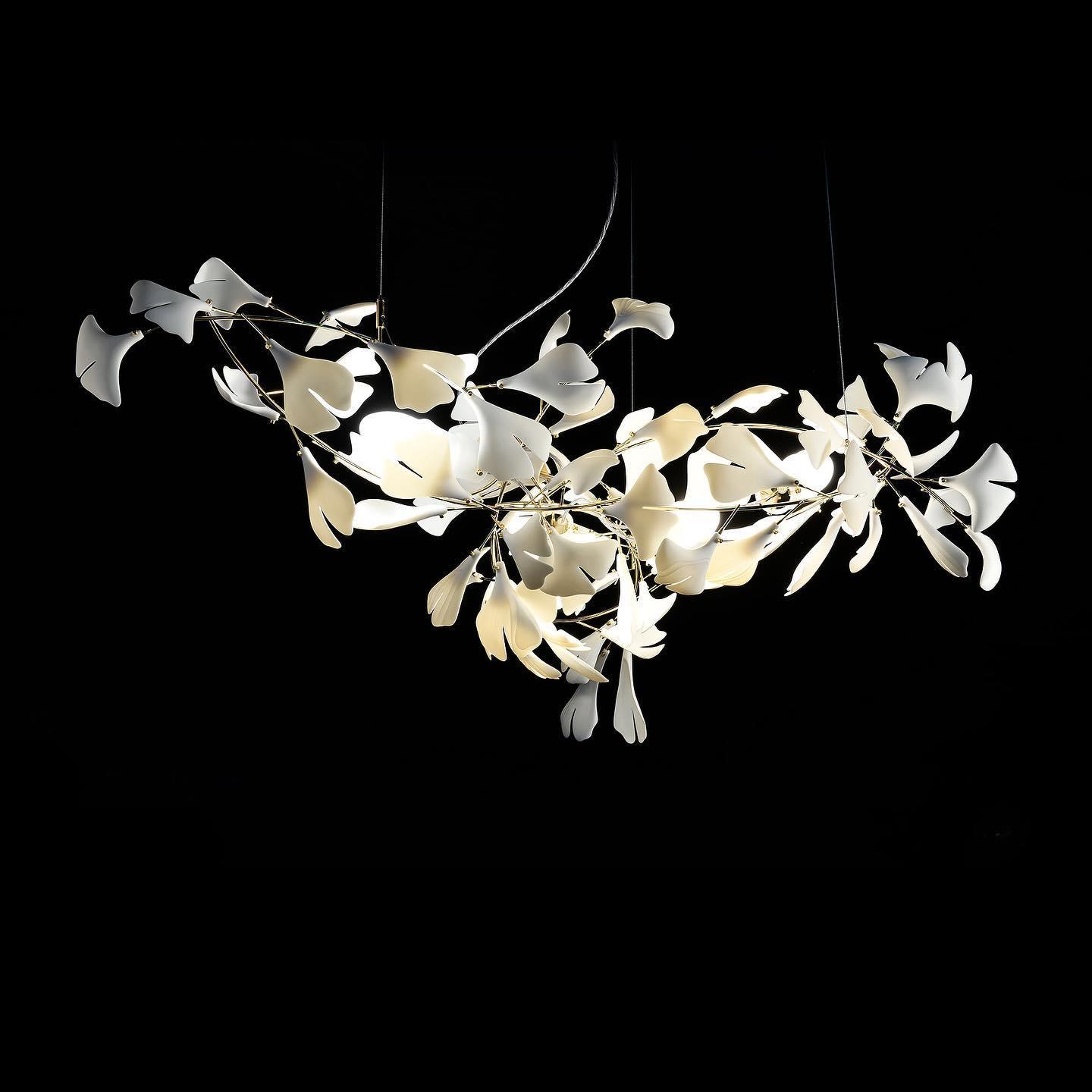 Modern Handcrafted Porcelain Ginkgo Leaf Chandelier Brass Branch Pendant Lighting