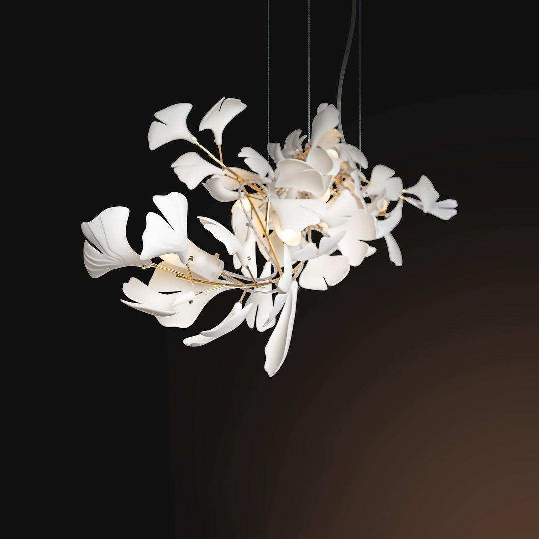 Modern Handcrafted Porcelain Ginkgo Leaf Chandelier Brass Branch Pendant Lighting