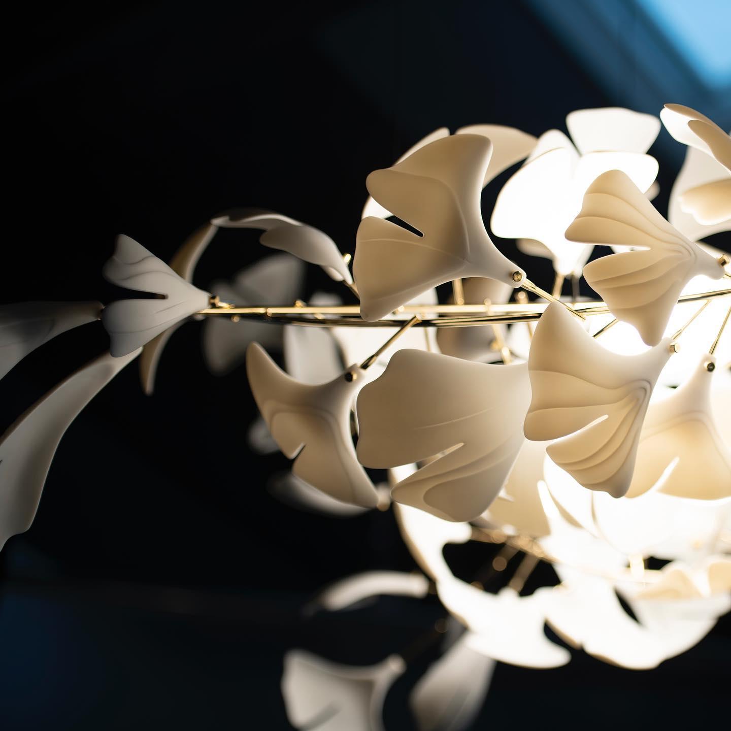 Modern Handcrafted Porcelain Ginkgo Leaf Chandelier Brass Branch Pendant Lighting