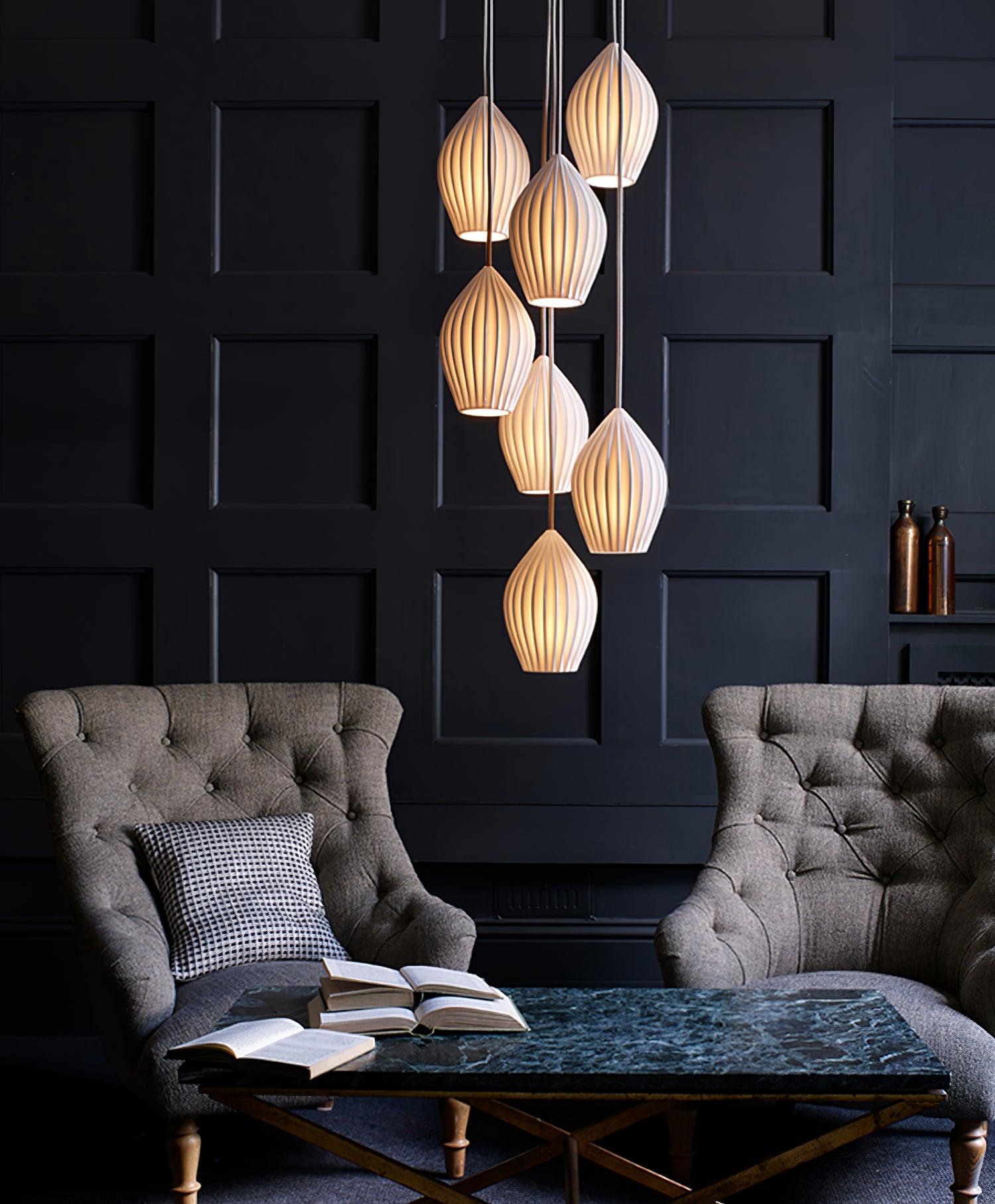 Modern Handmade Bone China Ribbed Ceramic Pendant Light for Dining Room and Living Room Decor