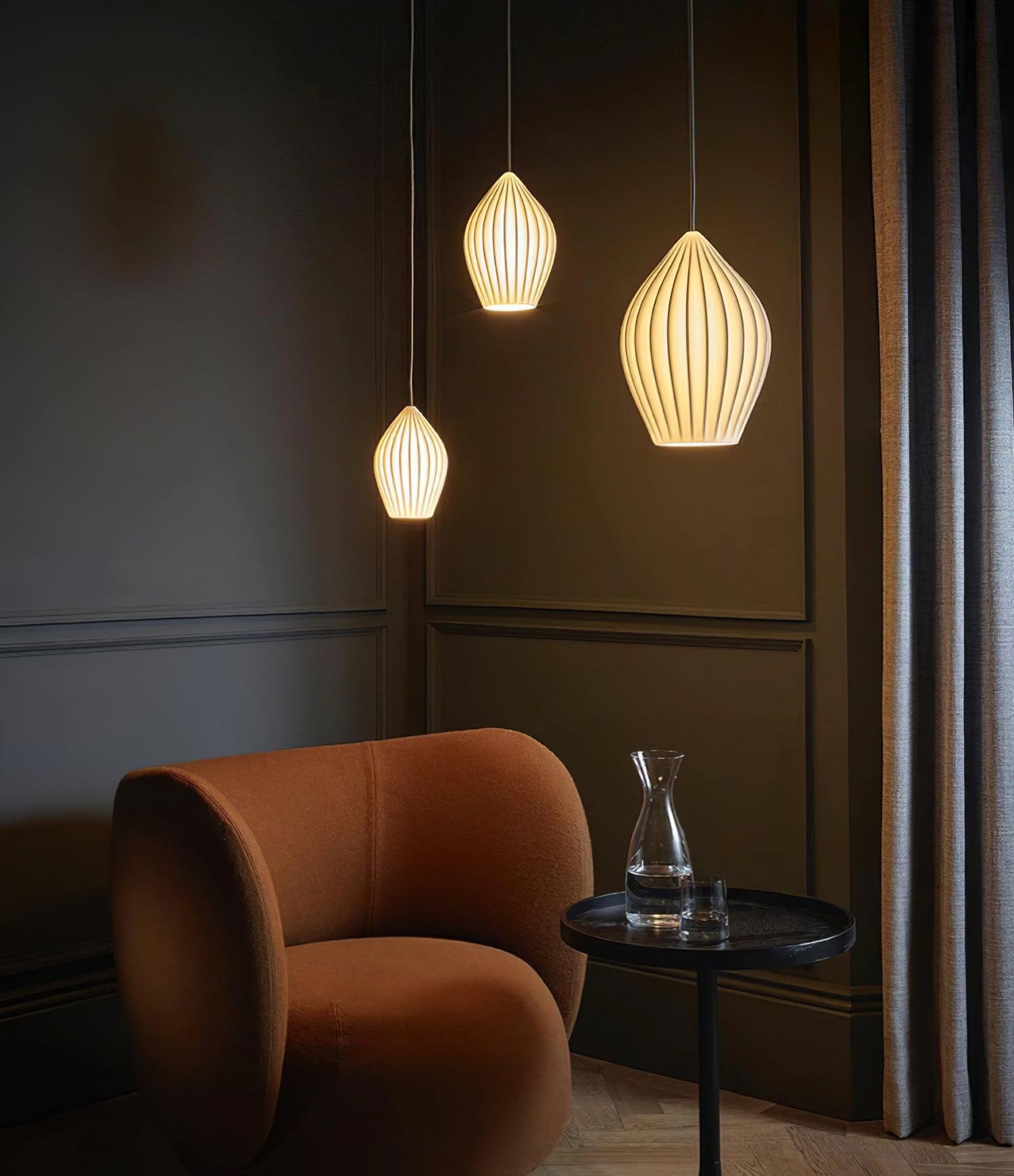 Modern Handmade Bone China Ribbed Ceramic Pendant Light for Dining Room and Living Room Decor