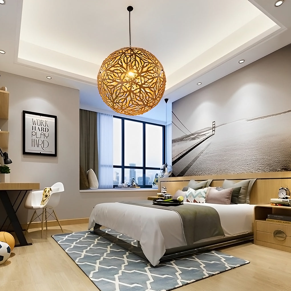 Modern Handmade Wooden Ball Pendant Light Hollowed Basswood Shade LED Chandelier