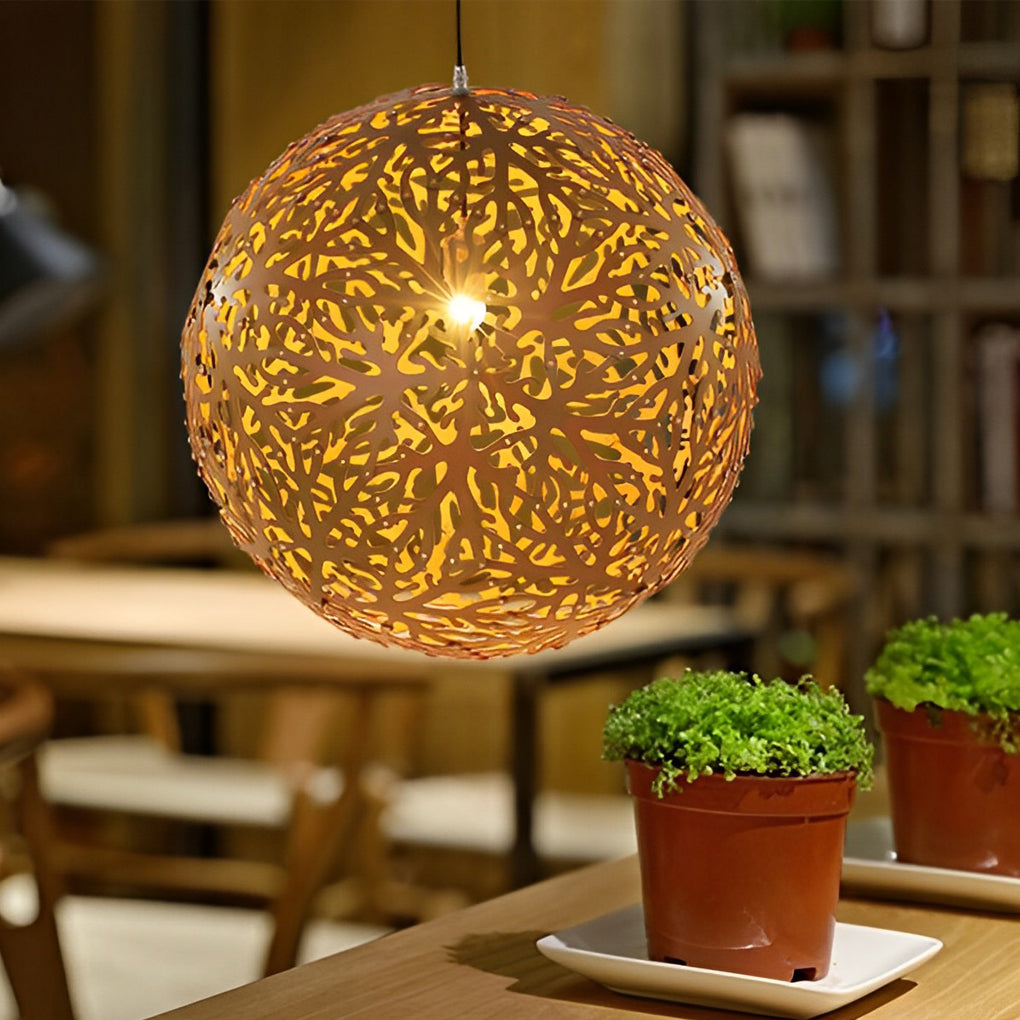 Modern Handmade Wooden Ball Pendant Light Hollowed Basswood Shade LED Chandelier