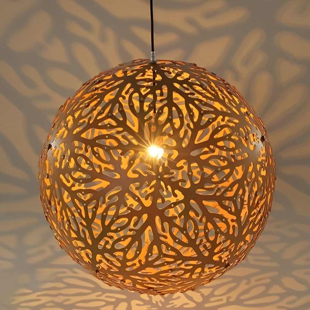 Modern Handmade Wooden Ball Pendant Light Hollowed Basswood Shade LED Chandelier