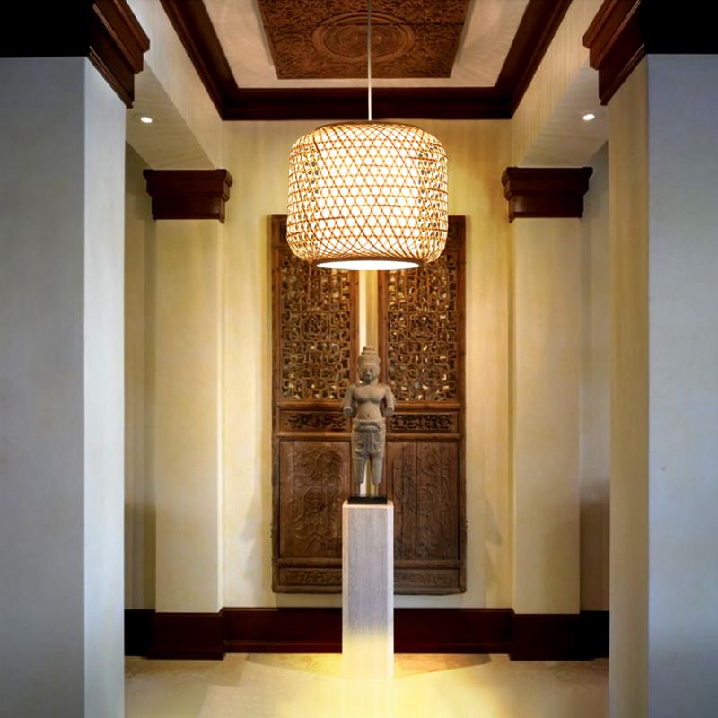 Modern Handwoven Bamboo Cylinder Pendant Light Natural Wood Hanging Lamp for Hallway