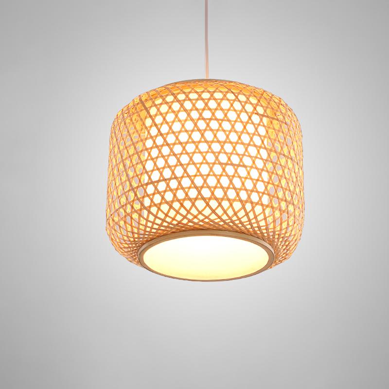 Modern Handwoven Bamboo Cylinder Pendant Light Natural Wood Hanging Lamp for Hallway